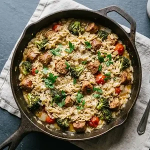 Chicken Sausage Broccoli And Orzo Skillet