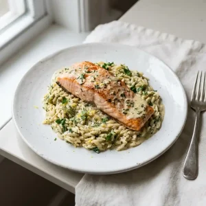 Creamy Lemon Garlic Orzo With Salmon