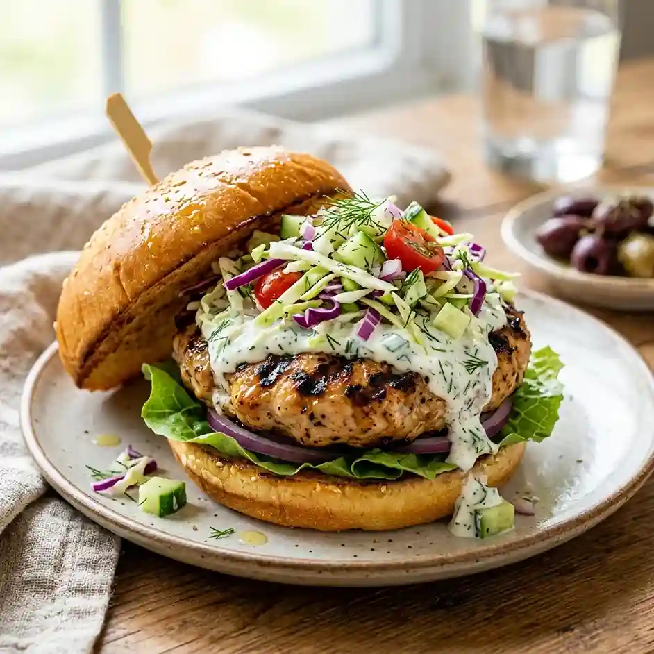 Juicy Greek Chicken Burgers with Tzatziki Slaw