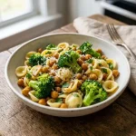 Broccoli Chickpea Pasta with Garlic Olive Oil