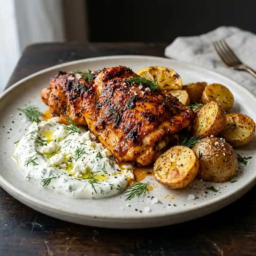 Spicy Yogurt Marinated Chicken With Dill Feta Cream And Crispy Baby Potatoes